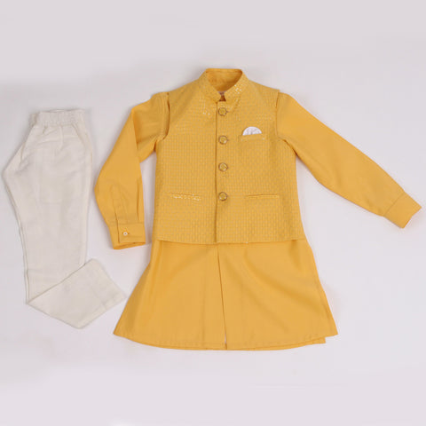 Pre-Order : YELLOW BANDI SET WITH YELLOW KURTA AND OFF WHITE PANTS  for Boys