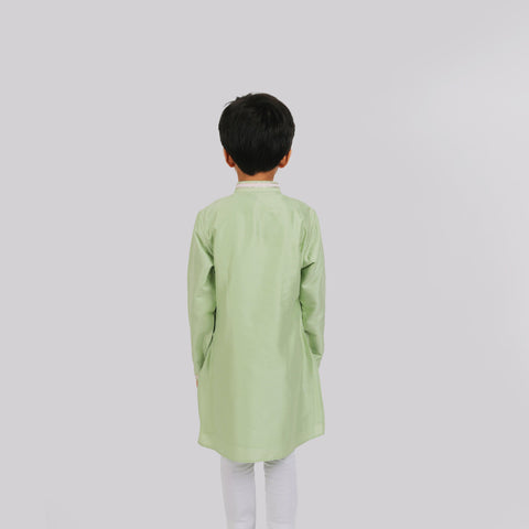 Pre-Order : PISTA GREEN KURTA WITH NECK EMBROIDERY & WHITE PAJAMA for Boys