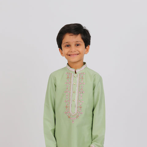 Pre-Order : PISTA GREEN KURTA WITH NECK EMBROIDERY & WHITE PAJAMA for Boys