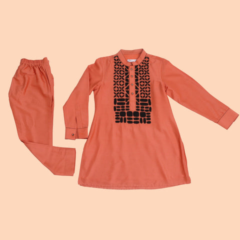 Pre-Order : RUST KURTA SET WITH FRONT DESIGN for Boys