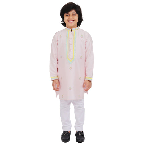 Pre-Order : Pink Kurta With Embroidery  & White Pants for Boys