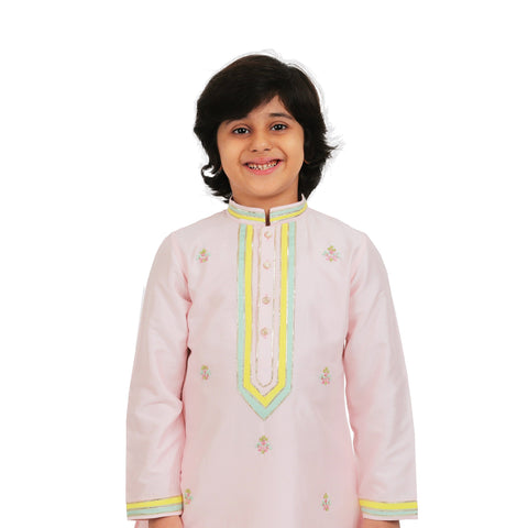 Pre-Order : Pink Kurta With Embroidery  & White Pants for Boys