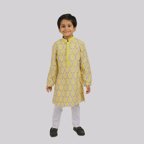 Pre-Order : YELLOW PATTERN KURTA WITH WHITE PANTS for Boys