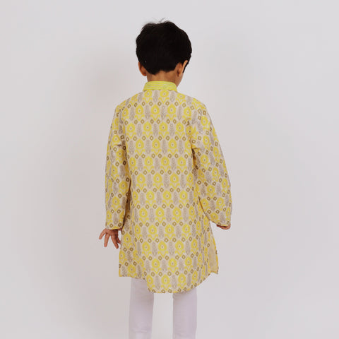 Pre-Order : YELLOW PATTERN KURTA WITH WHITE PANTS for Boys