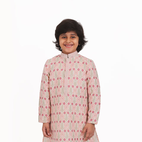 Pre-Order : PINK PATTERN KURTA WITH WHITE PANTS for Boys