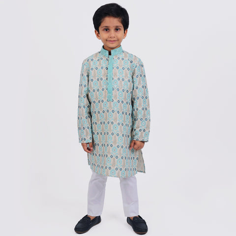 Pre-Order : BLUE PATTERN KURTA WITH WHITE PANTS for Boys