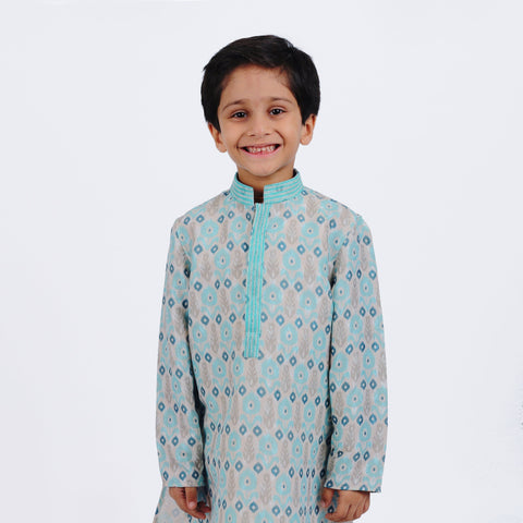 Pre-Order : BLUE PATTERN KURTA WITH WHITE PANTS for Boys