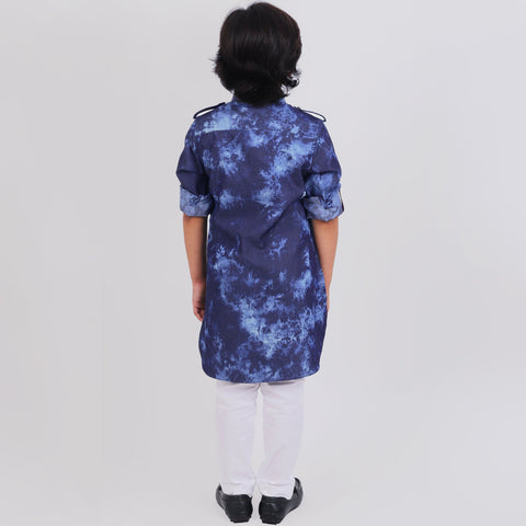 Pre-Order : DENIM PATHANI KURTA WITH WHITE PANTS for Boys