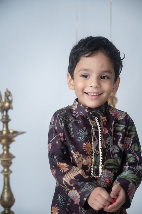 Pre-Order: Wine coloured Jungle Print Kurta Set with White Pants