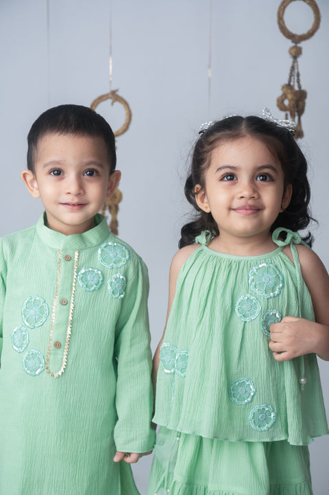Pre-Order: Pista Green Embroidered Kurta Set with White Pants
