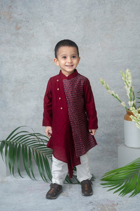 Pre-Order: Maroon Asymmetrical Kurta Set with Handblock Printed Panel