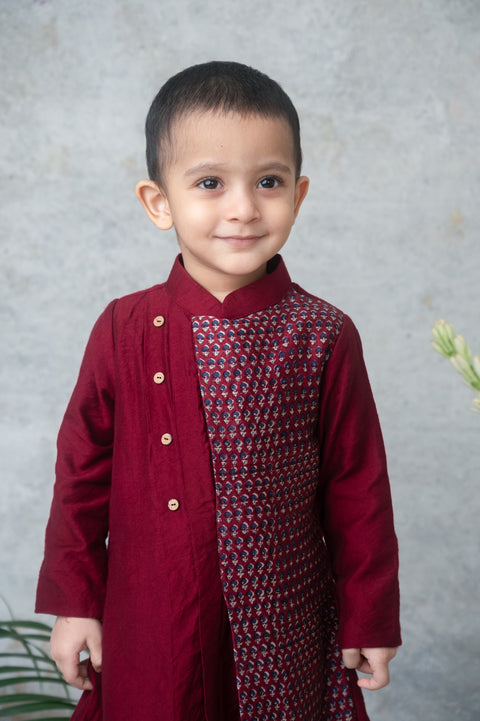 Pre-Order: Maroon Asymmetrical Kurta Set with Handblock Printed Panel
