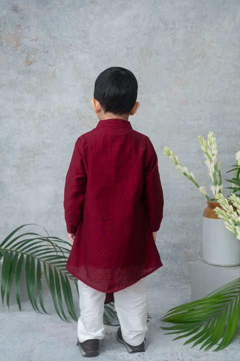 Pre-Order: Maroon Asymmetrical Kurta Set with Handblock Printed Panel
