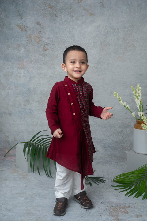 Pre-Order: Maroon Asymmetrical Kurta Set with Handblock Printed Panel
