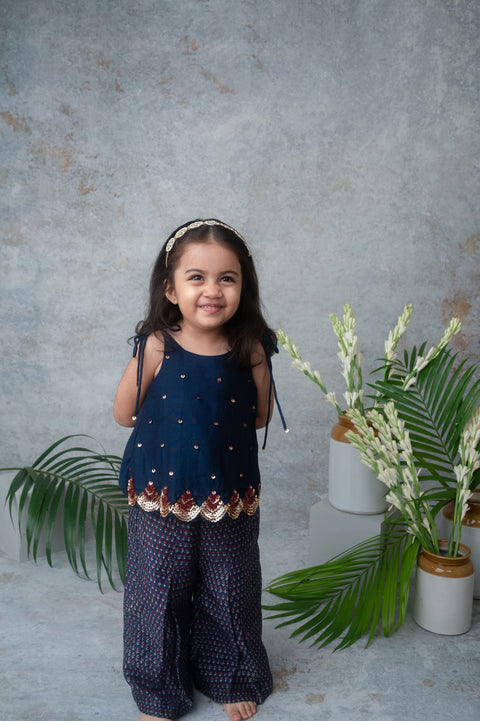 Pre-Order: Navy Blue Embellished Top with Printed Palazzo Set