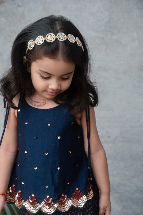 Pre-Order: Navy Blue Embellished Top with Printed Palazzo Set