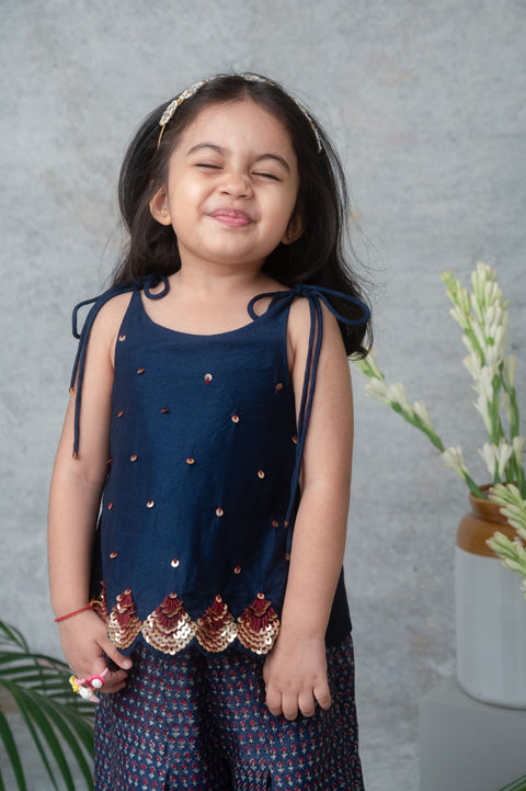 Pre-Order: Navy Blue Embellished Top with Printed Palazzo Set
