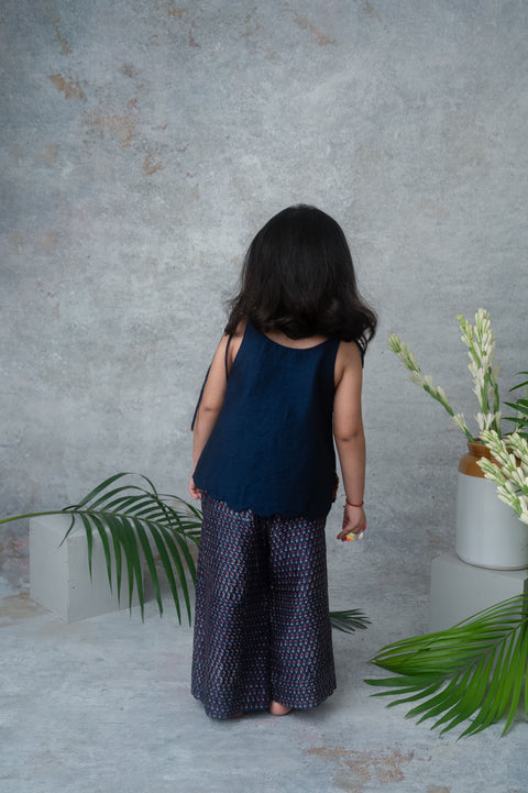 Pre-Order: Navy Blue Embellished Top with Printed Palazzo Set
