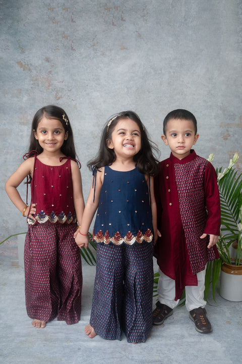 Pre-Order: Navy Blue Embellished Top with Printed Palazzo Set