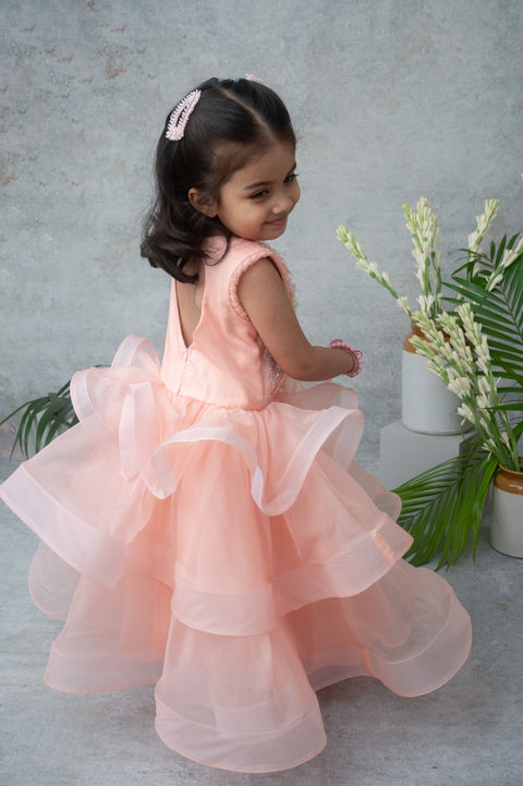 Pre-Order: Peach Layered Party Gown with 3D Floral Embroidery