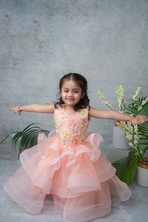 Pre-Order: Peach Layered Party Gown with 3D Floral Embroidery