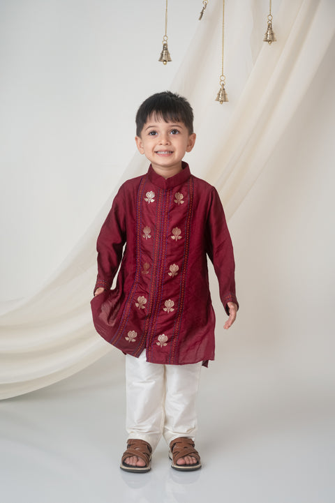 Pre-Order: Boys Maroon Embroidered Kurta Set