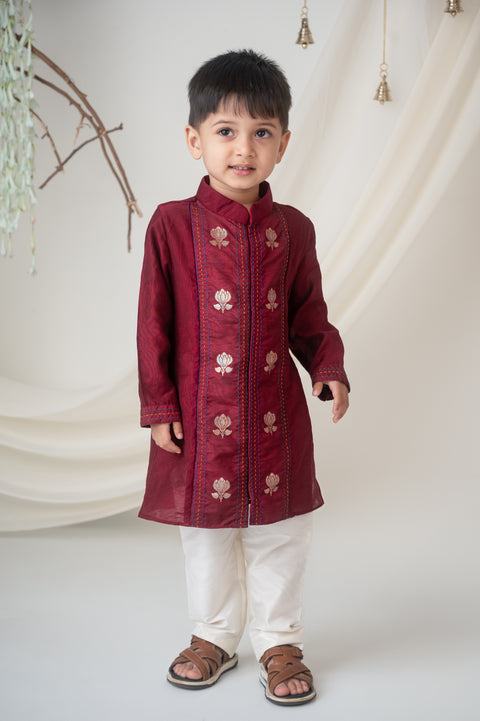 Pre-Order: Boys Maroon Embroidered Kurta Set