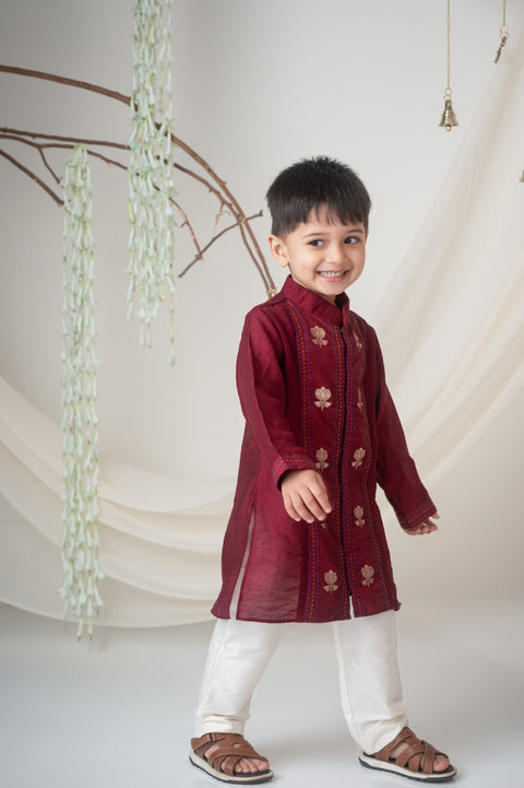 Pre-Order: Boys Maroon Embroidered Kurta Set