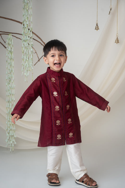 Pre-Order: Boys Maroon Embroidered Kurta Set