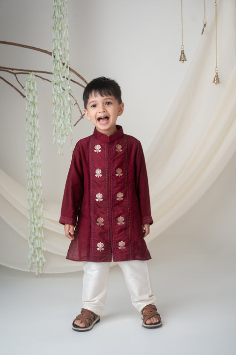 Pre-Order: Boys Maroon Embroidered Kurta Set