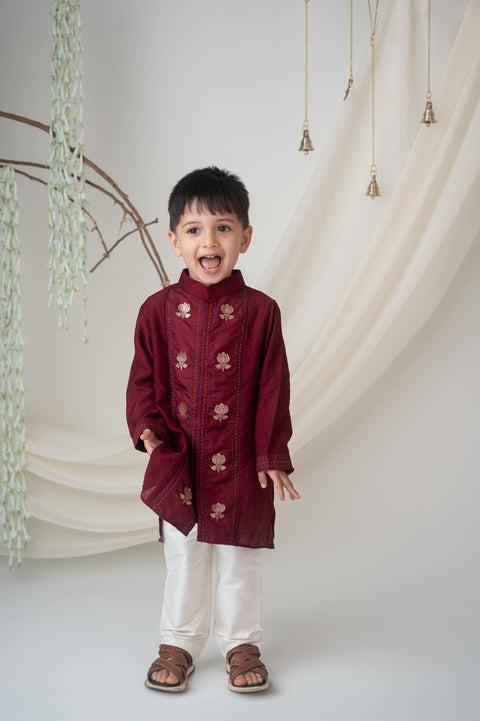 Pre-Order: Boys Maroon Embroidered Kurta Set