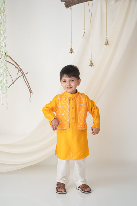 Pre-Order: Yellow Kurta Set with Attached bandhni jacket