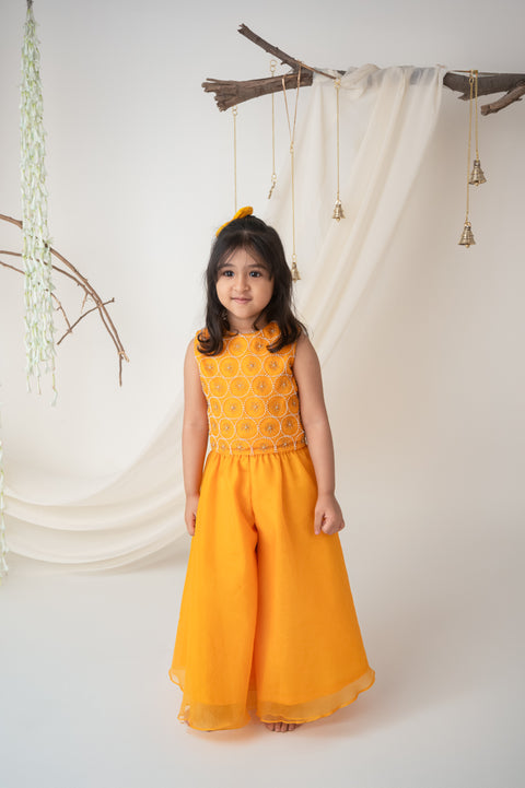 Pre-Order: Yellow Hand embroidered Organza Palazzo Set