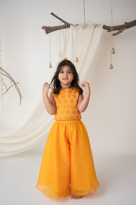 Pre-Order: Yellow Hand embroidered Organza Palazzo Set