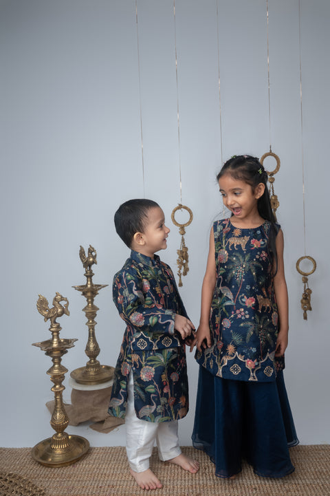 Pre-Order: Navy Jungle Print Embroidered Aline Kurti & Palazzo Set