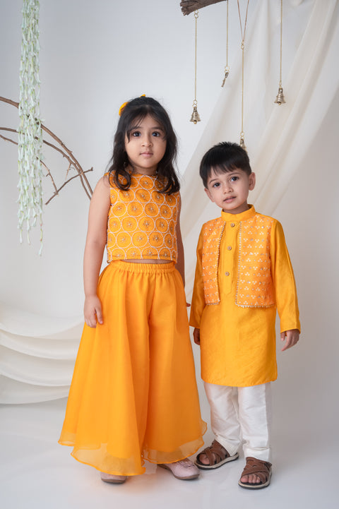 Pre-Order: Yellow Hand embroidered Organza Palazzo Set