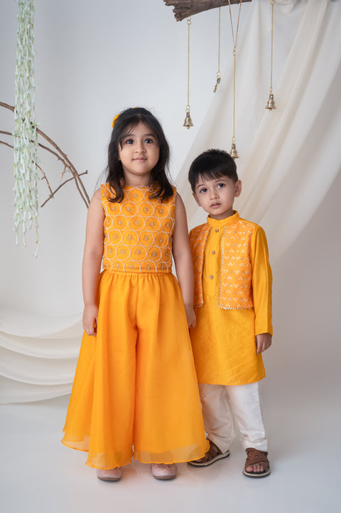 Pre-Order: Yellow Hand embroidered Organza Palazzo Set