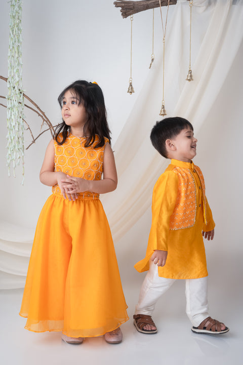 Pre-Order: Yellow Hand embroidered Organza Palazzo Set