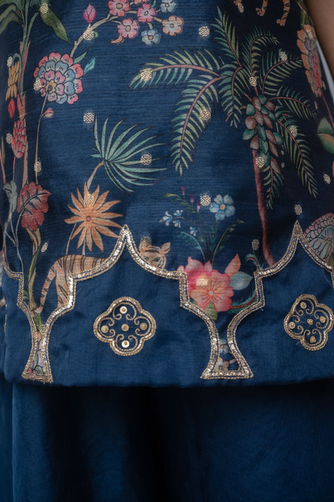 Pre-Order: Navy Jungle Print Embroidered Aline Kurti & Palazzo Set