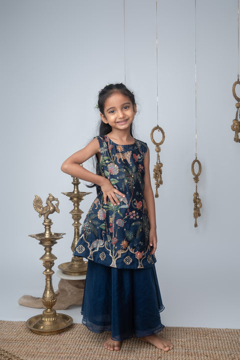 Pre-Order: Navy Jungle Print Embroidered Aline Kurti & Palazzo Set