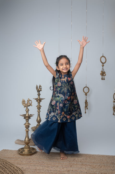 Pre-Order: Navy Jungle Print Embroidered Aline Kurti & Palazzo Set