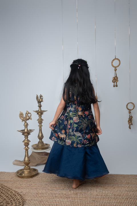 Pre-Order: Navy Jungle Print Embroidered Aline Kurti & Palazzo Set