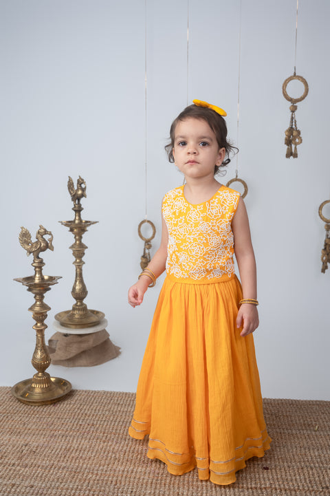 Pre-Order: Sunshine Yellow Embroidered Lehenga Set with Dupatta for Girls