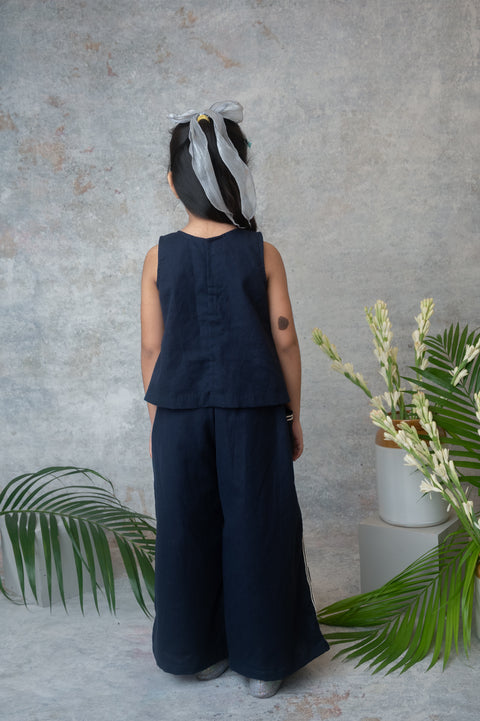 Pre-Order: Navy Blue Palazzo Set for Girls with Cutwork Embroidery