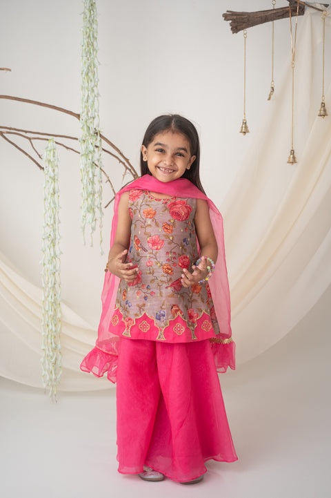 Pre-Order: Floral Embroidered Kurti Set with Organza Palazzo and Dupatta