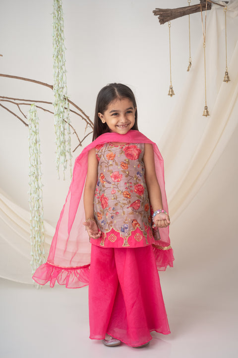 Pre-Order: Floral Embroidered Kurti Set with Organza Palazzo and Dupatta