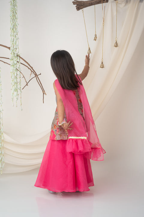 Pre-Order: Floral Embroidered Kurti Set with Organza Palazzo and Dupatta