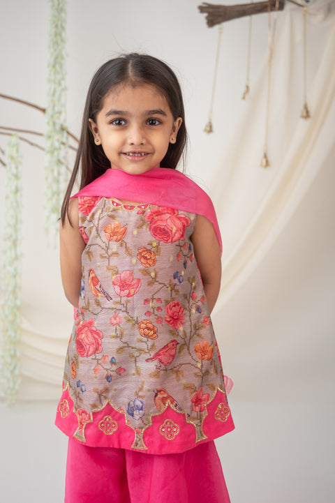 Pre-Order: Floral Embroidered Kurti Set with Organza Palazzo and Dupatta