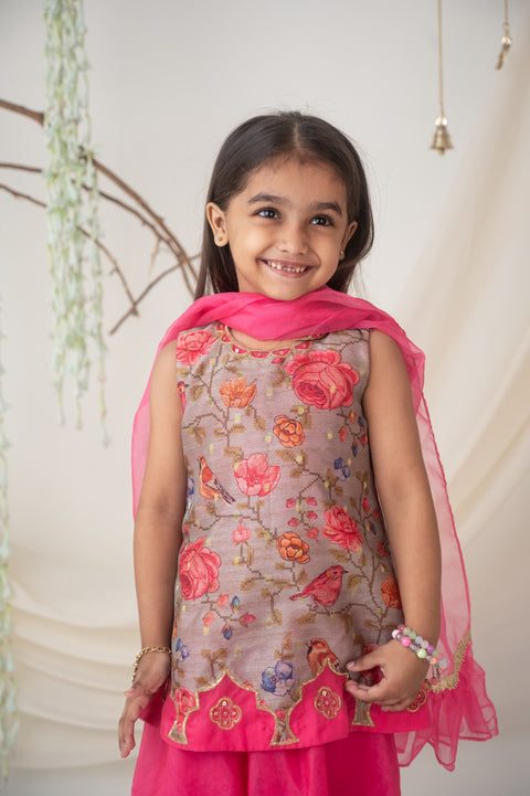 Pre-Order: Floral Embroidered Kurti Set with Organza Palazzo and Dupatta