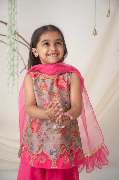 Pre-Order: Floral Embroidered Kurti Set with Organza Palazzo and Dupatta